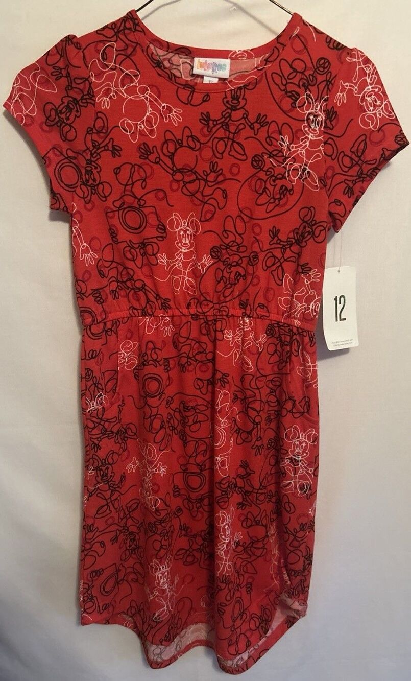 LuLaRoe Disney Mae Girls Dress Size 12 Red Mickey Minnie Mouse Scribble Pockets